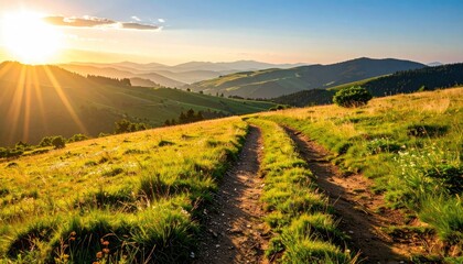 Golden Sunrise Over Rolling Hills with Dirt Path and Wildflowers Illuminated by Warm Sunlight