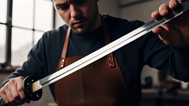 Master craftsman meticulously inspects a gleaming katana sword in his workshop.
