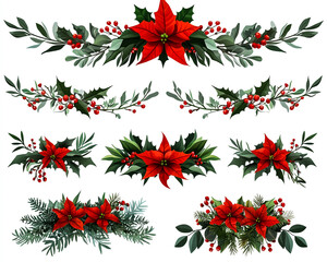Collection of festive poinsettia floral borders for Christmas design