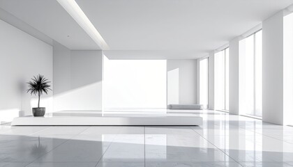 Minimalist Modern Interior Design With Bright Natural Light Illuminating White Walls Sleek Floors and a Single Potted Plant in a Sunlit Room.