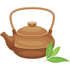 Traditional Brown Teapot with Green Tea Leaves on a Transparent Background