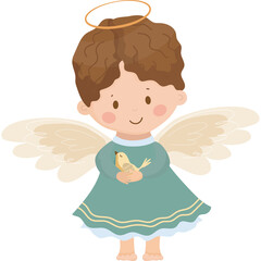 Cute Cartoon Angel Child With Halo And Wings Holding A Bird In A Teal Dress Isolated On White Background