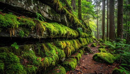 Moss Covered Rock Wall In A Lush Green Forest With Dappled Sunlight Filtering Through The Trees And Tiny Orbs Of Light Floating In The Air