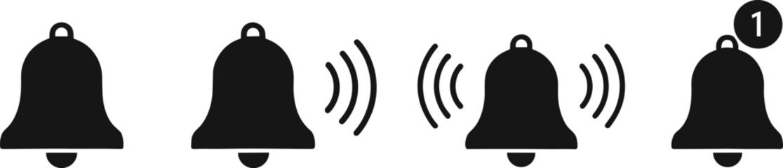 Notification bell vector icon set, ringing alert symbol, digital interface design, mobile app reminder graphic, modern UI element, simple alert template