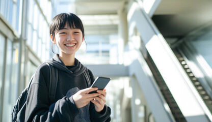 A young Asian female student in casual attire using her smartphone
