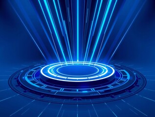 Obraz premium Futuristic blue neon portal with light beams emanating upwards