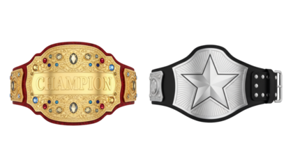 Two championship wrestling belts displayed against black background