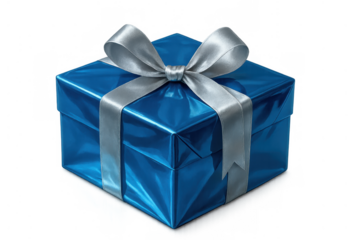 Blue gift box with silver ribbon and bow representing celebration, surprise, and holidays on transparent background