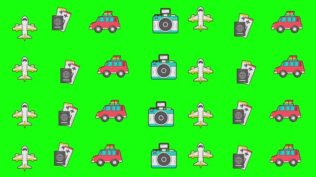 Seamless pattern travel cars, planes, cameras, and phones on green screen. Perfect for kids designs, tech visuals, transport themes, and playful illustrations.