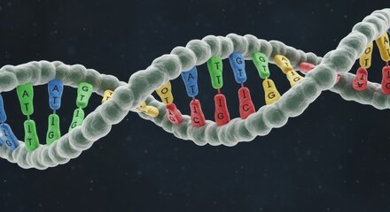 Detailed 3D rendering of a double helix structure displaying genetic information