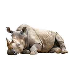 Fototapeta premium Rhino resting A rhino lies down or stands still, body relaxed with its head lowered. full length isolate on transparent background