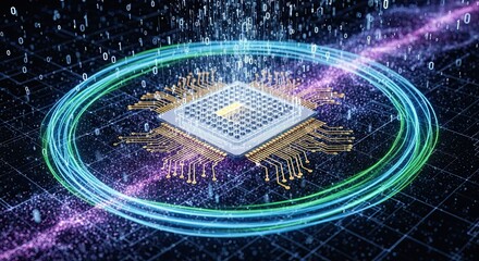 Dynamic digital circuit board pulses with vibrant energy and streams of binary code, representing advanced technology and data flow in a modern, abstract concept.