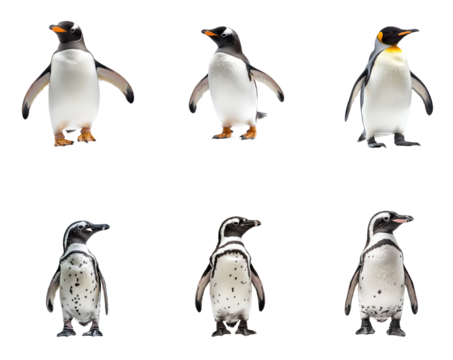 Collection of Penguin walking A penguin waddles with short, steady steps and body slightly leaning forward. full length isolate on transparent background