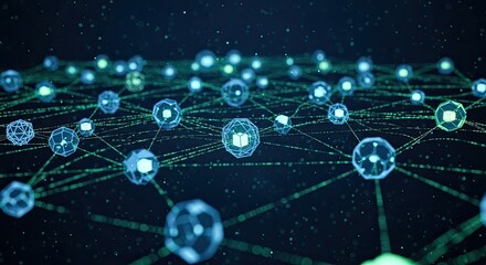 Dynamic interconnected digital nodes glowing with futuristic technology, representing data networks, AI, and global connectivity in a vibrant abstract concept