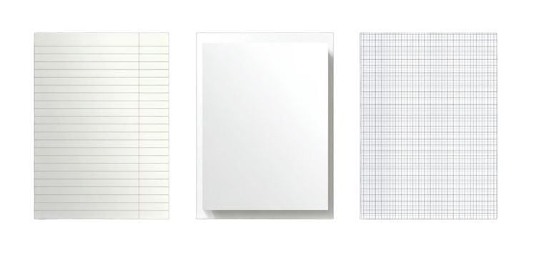 Three sheets of lined, blank, and grid paper