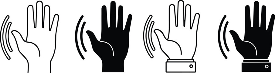 Waving hand gesture outline, silhouette icon with motion lines, greeting symbol, friendly communication sign, vector illustration for business, social, user interface design