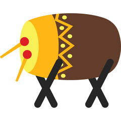 Traditional Indonesian Bedug drum with yellow and brown pattern standing on black legs with red drumsticks and yellow background on transparent white backdrop