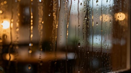 water droplets sliding on glass window during gentle rain, moody cozy vibe - Powered by Adobe