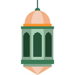 Traditional Islamic Lantern With Ornate Arch Details In Muted Peach Green And Orange Hues Hanging Against A White Background