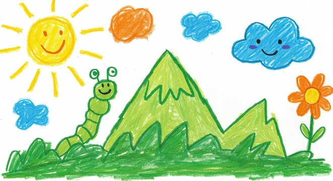 Childlike drawing of smiling sun worm mountains flower and clouds