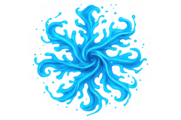 Blue water splash creating a dynamic, abstract vortex and swirling liquid flow, isolated on transparent background