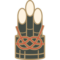 Traditional Japanese Kadomatsu decoration with three bamboo stalks tied with red rope in a simple illustrative style on a white background