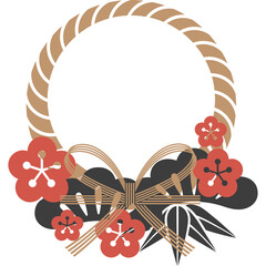 Traditional Japanese Kadomatsu New Year Decoration Frame with Red Plum Blossoms and Green Bamboo Leaves on Transparent Background