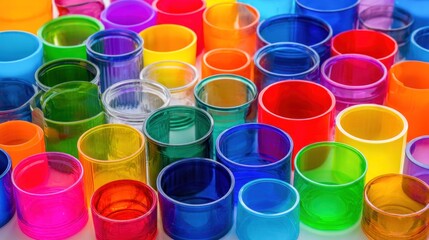 A colorful array of plastic cups in various colors and sizes.
