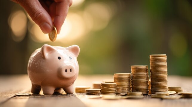 A hand holding a coin above a piggy bank with coins stacked in front.