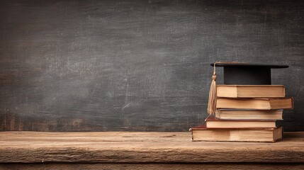 A stack of books and a graduation cap on a wooden table against a blackboard background.