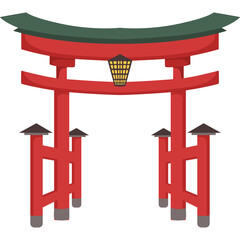 Traditional Japanese Torii Gate With Red Pillars And Green Roof Isolated On White Background With Lantern