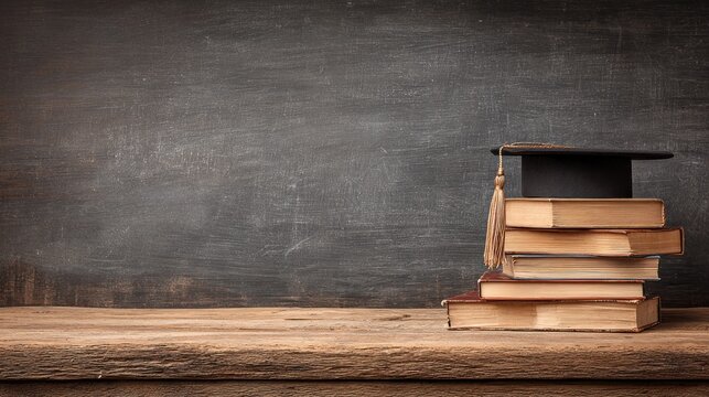 A stack of books and a graduation cap on a wooden table against a blackboard background. - Powered by Adobe