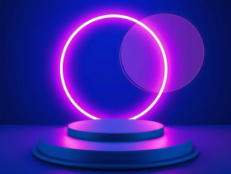 Futuristic neon ring podium with abstract circles on dark blue background