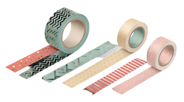 Assortment of decorative washi tape rolls featuring various colorful patterns for crafting and design projects isolated on transparent background