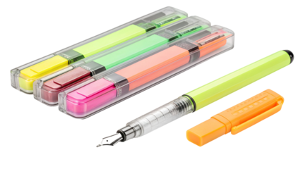 Bright collection of fluorescent highlighters for school or office use, featuring multiple colors and one disassembled pen isolated on transparent background.
