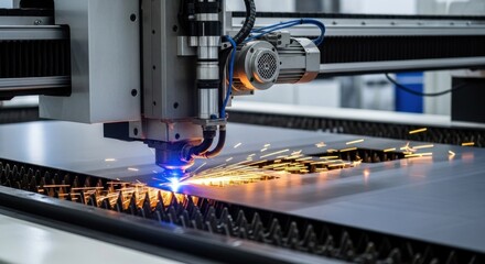 A robotic arm is operating a metal sheet, emitting sparks as it cuts through the material.