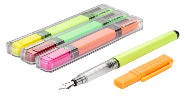 Bright collection of fluorescent highlighters for school or office use, featuring multiple colors and one disassembled pen isolated on transparent background.