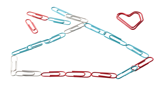 Chain of red, blue, and white paper clips meticulously arranged to form the outline of a home structure and a heart isolated on transparent background