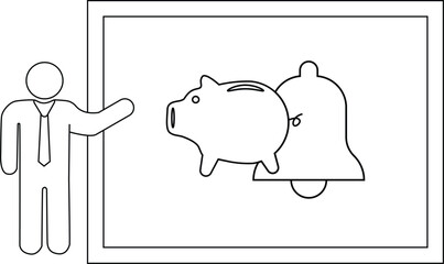 A figure points to a presentation showing a piggy bank beside a bell