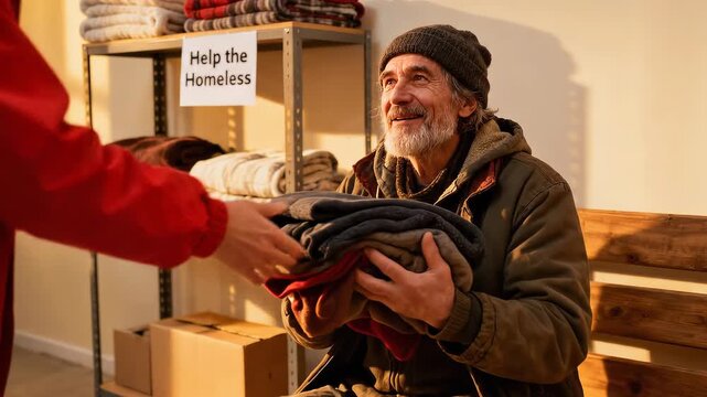 Joy of giving blankets to the homeless on a festive day in the warm shelter. stray man receives warm clothes in social center