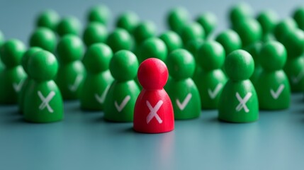 bullying, exclusion, rejection, discrimination, Standing Out in a Crowd: Red Figure with "X" Among Green Checkmarks Symbolizing Judgment and Stigma. Copy Space Available for Text.