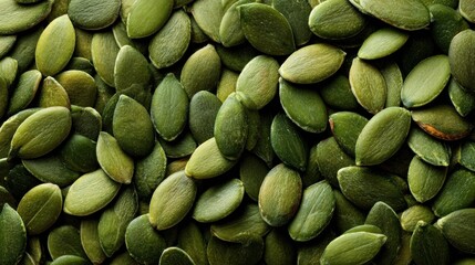 Dense layer of green pumpkin seeds filling the frame, texture emphasized