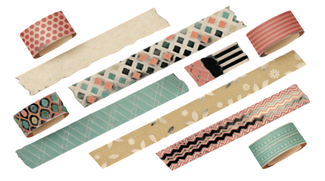 Diverse collection of decorative patterned washi tapes, including rolls and torn strips for scrapbooking isolated on transparent background