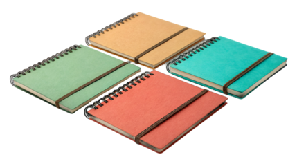 Four colorful spiral notebooks with textured covers and elastic bands arranged diagonally, isolated on transparent background.
