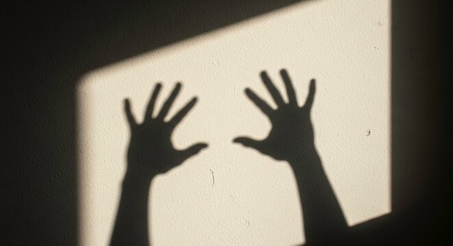 Shadow of hands reaching out on a textured wall, creating a sense of mystery and suspense