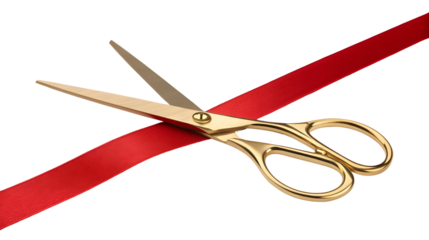 Golden scissors cutting a bright red ribbon symbolizing a grand opening or launch ceremony isolated on transparent background
