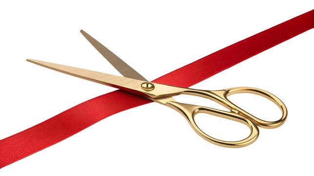 Golden scissors cutting a bright red ribbon symbolizing a grand opening or launch ceremony isolated on transparent background