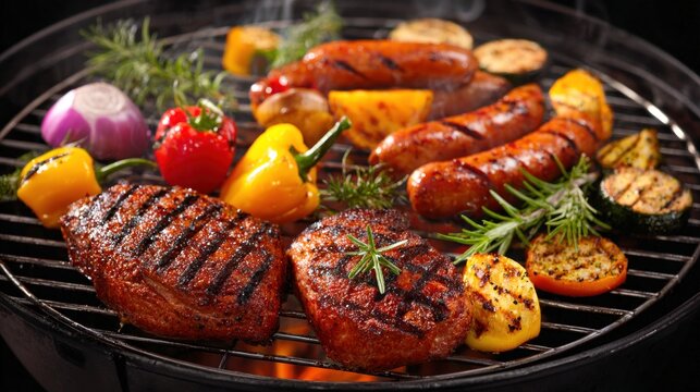 A delicious assortment of grilled meats and vegetables on a barbecue grill.