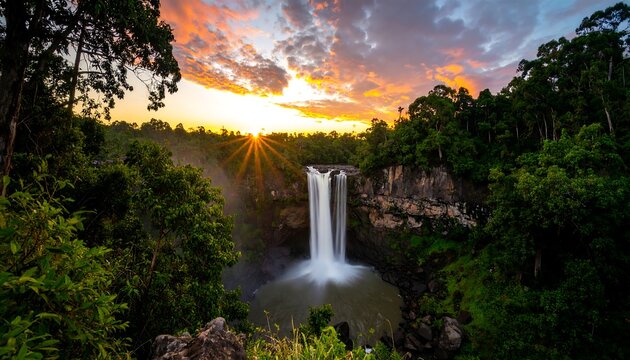 Waterfall at sunrise in a lush rainforest