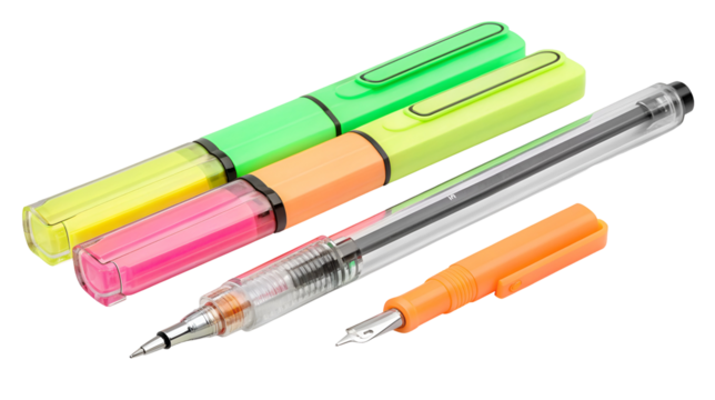 Neon pink and green highlighters grouped with a clear rollerball pen and an orange fountain pen isolated on transparent background